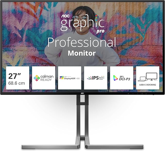 AOC U27U3CV - 27 inch UHD Nano IPS Monitor Height Adjustable Speakers HDR400 (3840x2160 60 Hz 4K 2X HDMI DisplayPort USB-C (96W PD) USB Hub) Black