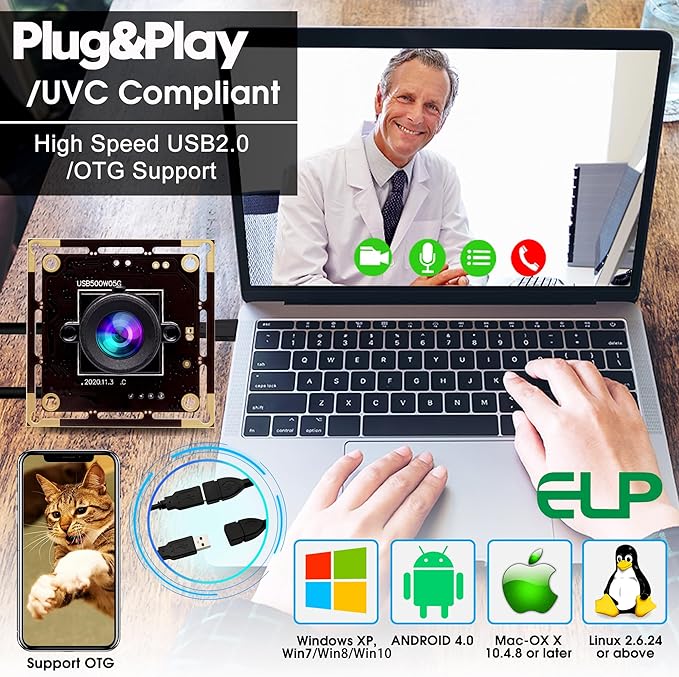 ELP 5mp Wide Angle USB Camera Module for Computer and Raspberry Pi Mini UVC USB2.0 PC Camera 100degree Low Distortion Webcam Board MI5100 Lightburn Camera Laser Engraver Camera for Laptop Jetson Nano