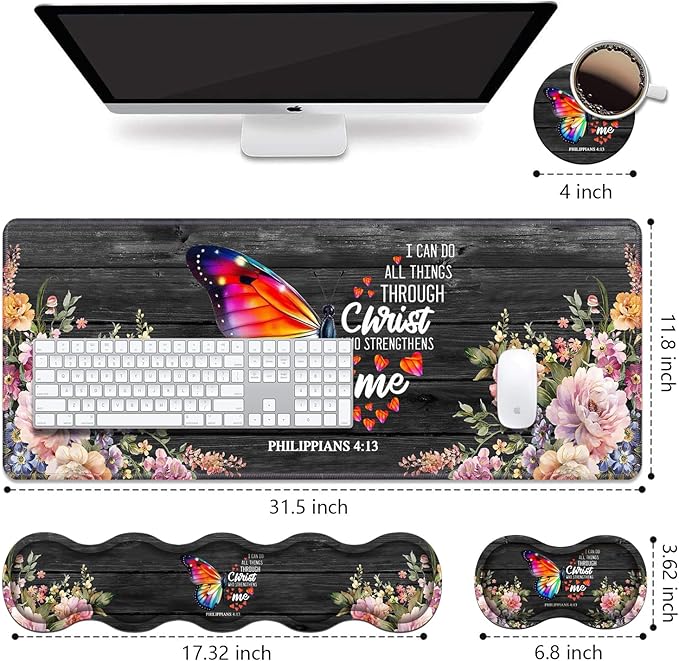 Ergonomic Keyboard Wrist Rest &amp Mouse Pad Wrist Rest Set Large XXL Gaming Desk Mat 31.5x 11.8 Memory Foam Easy Typing Pain Relief for Office &amp Home Butterfly Quote Bible Verse Philippian