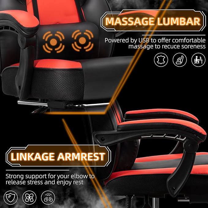 Shintenchi Gaming Chair with Footrest Massage Lumbar Support Height Adjustment and 360° Swivel Seat. Ergonomic Design for Gaming