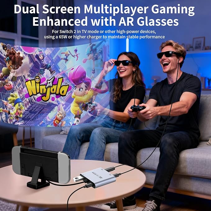 Guermok 4-in-1 Dual USB-C Display Hub 4K@60Hz Video PD 100W Fast Charging &amp USB 3.0 5Gbps Compatible with AR Glasses Switch 2 Laptops Portable Monitors &amp Type-C Displays（Silver）