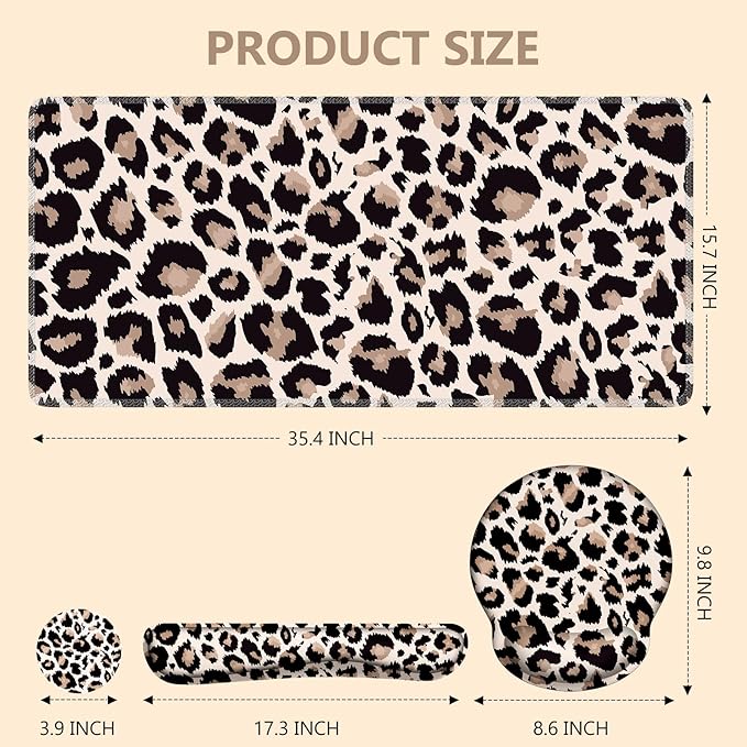 iLeadon Mouse Pad Set Desk Mat + Mouse Pad with Wrist Rest + Keyboard Wrist Rest + Coaster 4in1 Leopard Mouse and Keyboard Pad Set for Home Office Classic Leopard