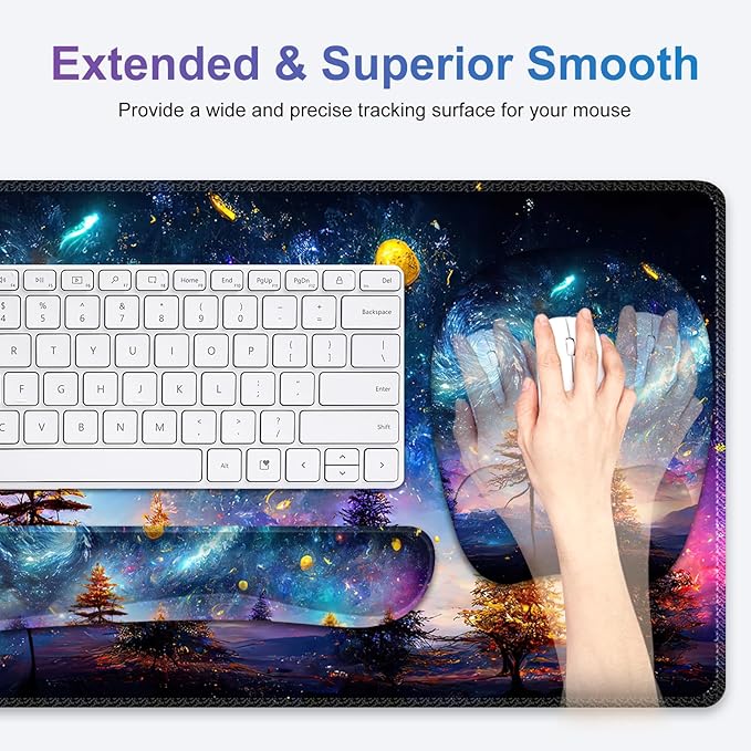 4 in 1 Large Mouse Pad Keyboard Wrist Rest Set Ergonomic Non-slip Waterproof Colorful World