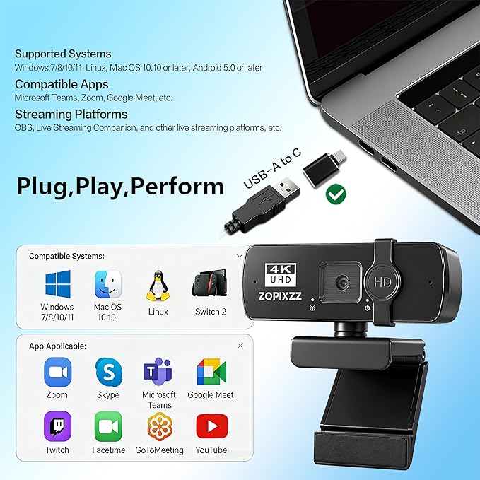 4K Webcam with Tripod PC Ultra HD Web Camera with Microphone PDAF AutofocusPrivacy CoverUSB A &amp USB C Adapter Plug &amp PlayIdeal for Business Meetings&ampLive Streaming