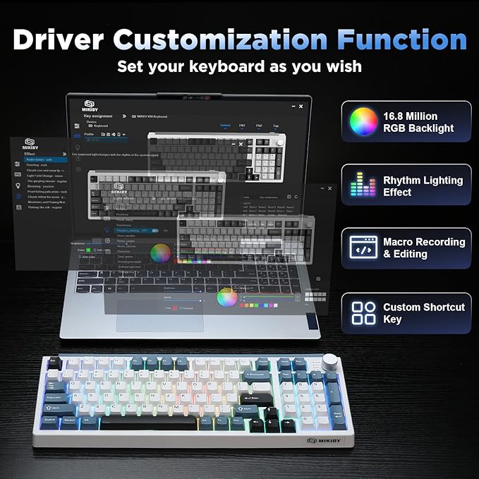 K98 Wireless Mechanical KeyboardTri-Mode BT5.0/2.4GHz/USB-C Hot Swappable Custom KeyboardGasket StructureRGB Backlit Gaming Keyboard for Win &amp Mac(White&ampBlueCocoa-V2 Switch)
