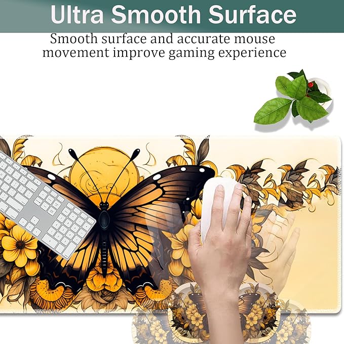 Large Game Mouse Pad + Wrist Support Pad + Coffee Coaster Desk Pad with Sewn Edges Anti-Slip Set pad Suitable for Office Work and Home - Yellow Sunflower Butterfly