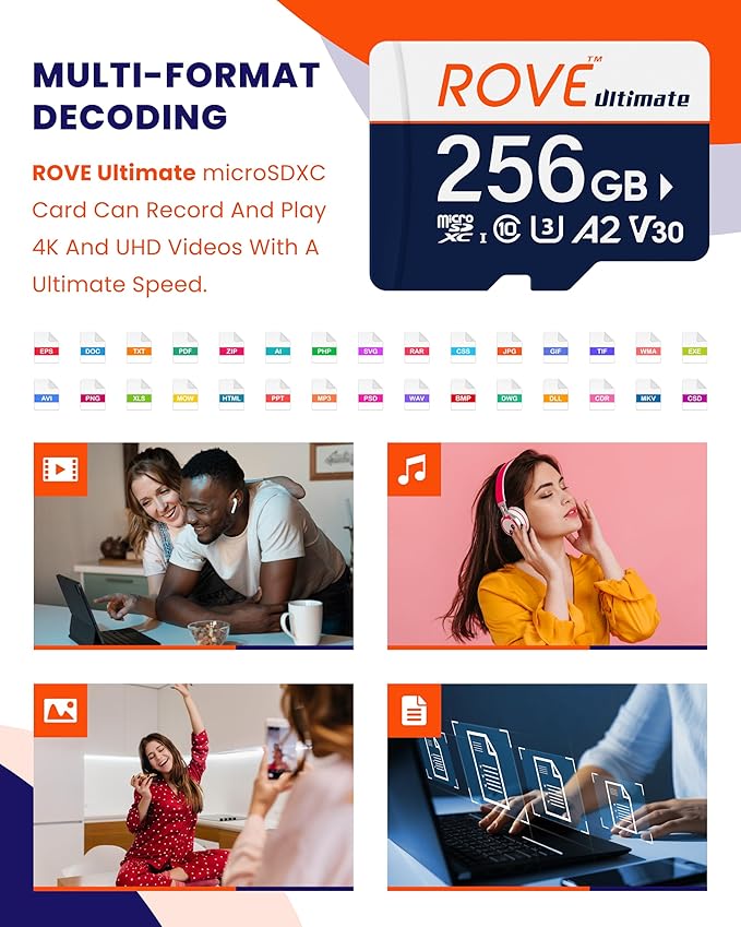 ROVE Ultimate Micro SD Card microSDXC 256GB Memory Card with USB 3.2 Type C Card Reader 170MB/s C10 U3 V30 4K A2 for Dash Cam Android Smart Phones Tablets Games