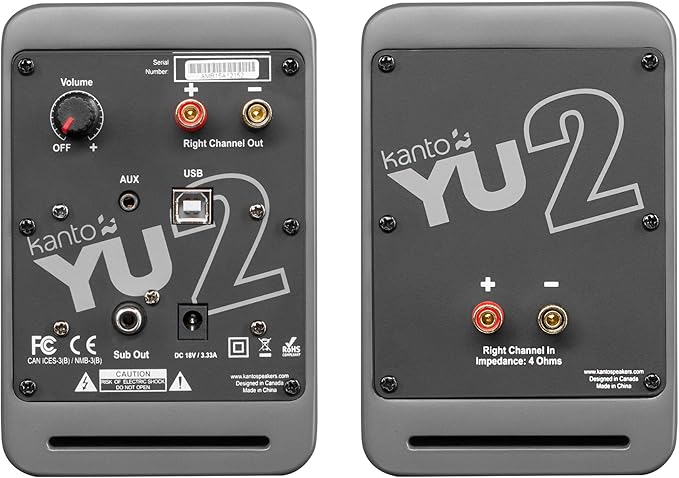 Kanto YU2MG PC Gaming Desktop Speakers | 3 Composite Drivers | 3/4 Silk Dome Tweeter | Class D Amplifier | 100 Watts | Built-in USB DAC | Subwoofer Output | Pair | Matte Grey