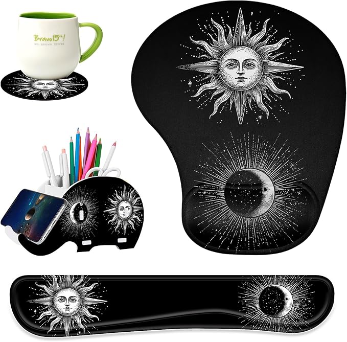 Keyboard Wrist Rest Pad Ergonomic Mouse Pad SetNon-Slip PU Base for Laptop Home Gaming OfficeMatching Elephant Pen Holder and Cup Coaster(Sun and Moon)
