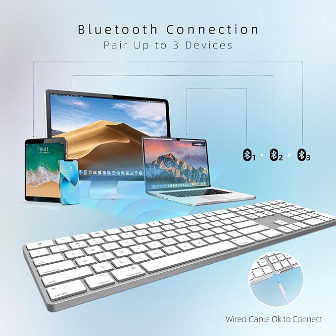 Bluetooth Slim Keyboard for Mac Aluminum Rechargeable Keyboard Wireless Low-Profile Silent Flat Key Compatible with Apple iMac MacBook Mac and iOS Full Size - Silver White
