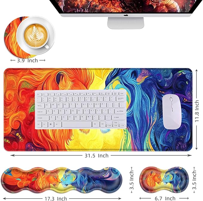 Mouse PadLarge Desk Mat Set 4in1 XL Mousepad + Keyboard Wrist Rest+Mouse Wrist Rest+Coaster with Ergonomic Desk Pad for Home Office Table Computer Cover -Rainbow Lions Abstract