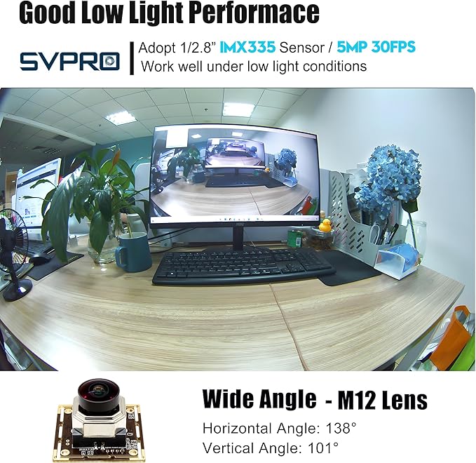 Svpro 5MP 30FPS Auto Focus USB Camera Module Wide Angle IMX335 Sensor Low Light Security Webcam for Industrial Image Processing UVC Plug &amp Play for Windows MacOS Linux Android (AF-170 (Fishe