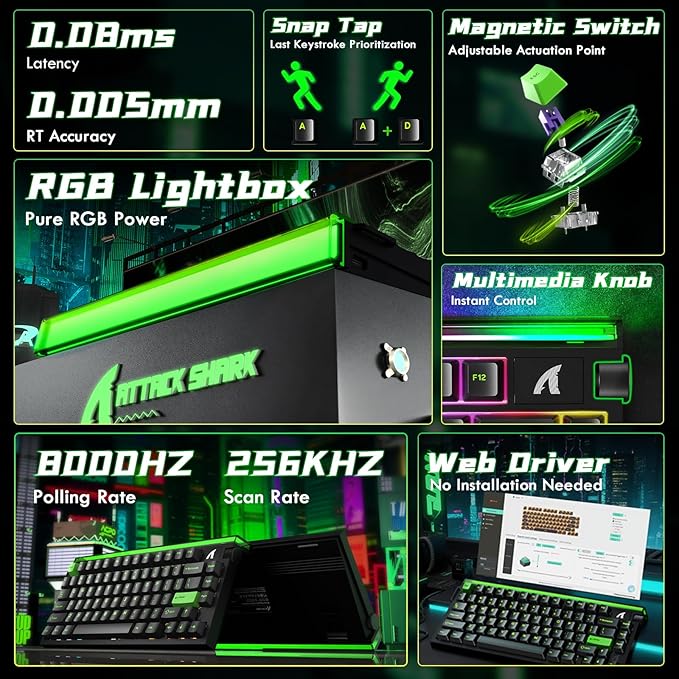 ATTACK SHARK R85 HE Wired 75% Hall Effect Rapid Trigger Mechanical RGB Gaming Keyboard with 8K Polling0.05mm RT Accuracy0.08MS LatencyMagnetic Switch5 Layer Sound DampedDriver for PC Mac(Green)
