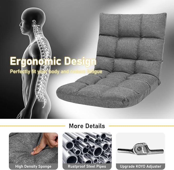 MAT EXPERT 14-Position Floor Chair Floor Gaming Chair w/Resilience Sponge Alloy Steel Frame Padded Bed Couch Recliner Floor Chair with Back Support for Reading Meditating (Gray)
