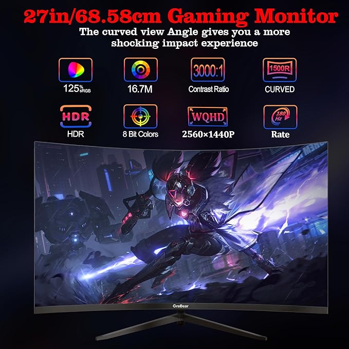 27 Inch Gaming Curved Monitor 1440P 180HZ 2K Professional PC Display QHD 2560x1440p Home Office Computer Screen HDMI DP AdaptiveSync 1500R Tilt Adjustable Build-in Speaker 100x100mm VESA