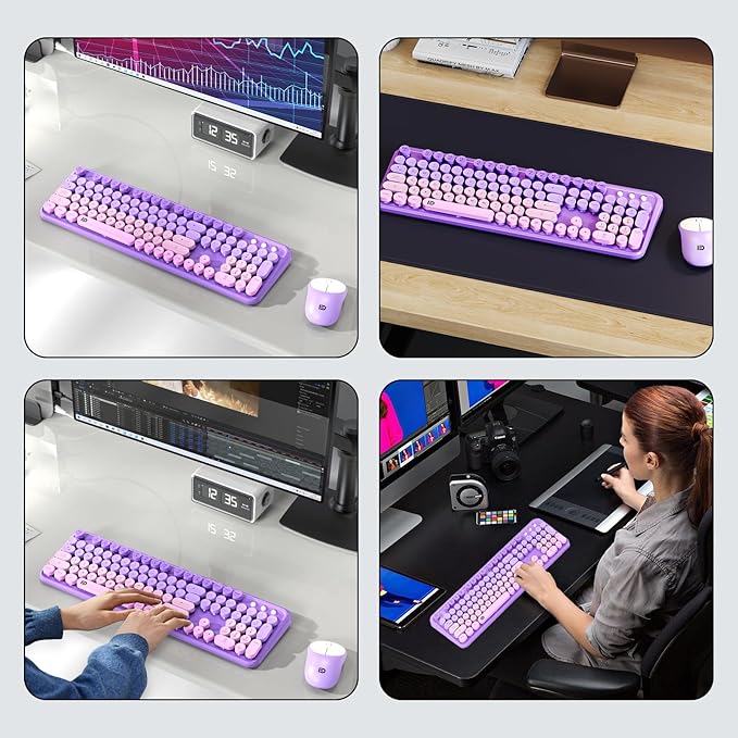 Wireless Keyboard and Mouse Combo 2.4 GHz Wireless Full-Sized Typewriter Keyboard with Round Keycaps for Windows Computer Desktop PC Laptop (Purple)
