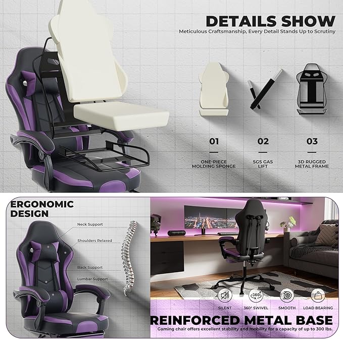 Gamer Chair Ergonomic Computer Chair Gaming Linked Armrests 300lb Capacity Heavy Duty Wide Seat Adjustable Recliner for Professional Players and Adults (Purple+Black)