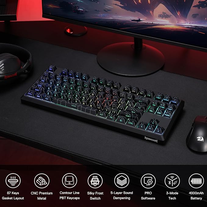 Redragon K737 PRO Wireless 87 Keys Gasket Gaming Keyboard 80% Premium CNC Aluminum Mechanical Keyboard Hot-Swap South-Facing LED Socket 5-Layer Noise Dampening Side-Printed PBT Contour Line Keycap