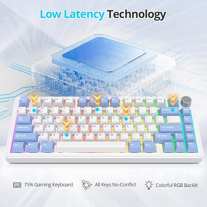 Fogruaden M75 Wireless Creamy 75% Mechanical Gaming Keyboard Hot Swappable Custom RGB Backlit Gasket Pre-lubed Linear White Switches Bluetooth/2.4GHz/USB-C Five-Layer Pad&ampKnob