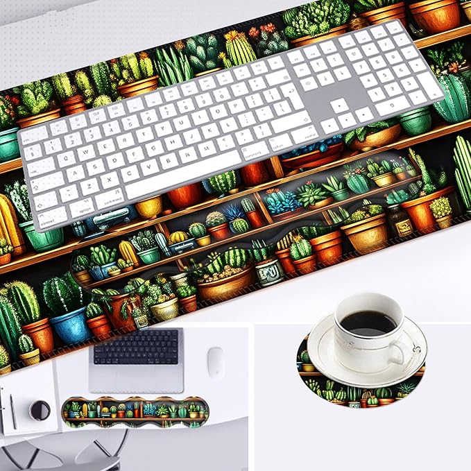Large Mouse Pad and Keyboard Wrist Rest Desk Pad for Keyboard and Mouse 4-in-1 Large Gaming Mouse Pad with Wrist Support Desk Mat for Home Office Study GameCactus and Succulents