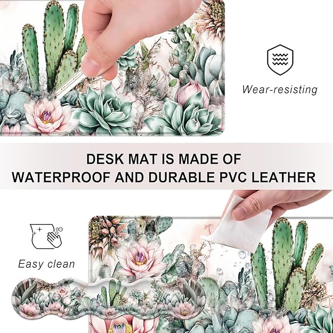 Mouse PadLarge Desk Mat Set 4in1 XL Mousepad + Keyboard Wrist Rest+Mouse Wrist Rest+Coaster with Ergonomic Desk Pad for Home Office Table Computer Cover -Cacti Succulents with Flowers