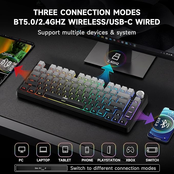 AOC GK330 Gaming Keyboard Hot Swappable Wireless Mechanical Keyboard Support BT/2.4GHz/USB-C RGB Backlit Pre-lubed Reaper Switches Anti-ghosting 75% Gasket Custom Keyboard with Five-Layer Padding