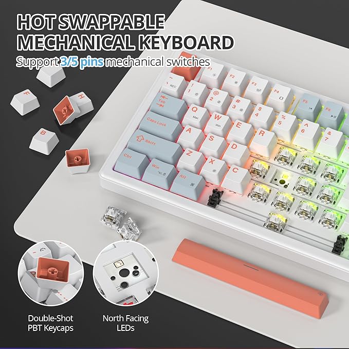 75% White Blue Creamy Mechanical Keyboard Wired Creamy Sound Gasket Gaming Thocky Keyboard with Knob Hot Swappable RGB Custom Keyboard Pre-lubed Cream Switch Keyboard (82 Light Blue)