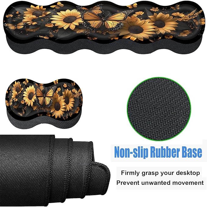 Keyboard Wrist Rest and Mouse Pad Set31.5x11.8 Inches Desk MatWaterproof Non-Slip Ergonomic Wrist Support for Pain ReliefExtended Desk Protector for Office Home GamingButterfly Sunflower