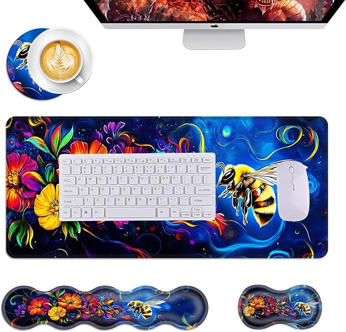 Mouse PadLarge Desk Mat Set 4in1 XL Mousepad + Keyboard Wrist Rest+Mouse Wrist Rest+Coaster with Ergonomic Desk Pad for Home Office Table Computer Cover -Bee and Vibrant Flowers