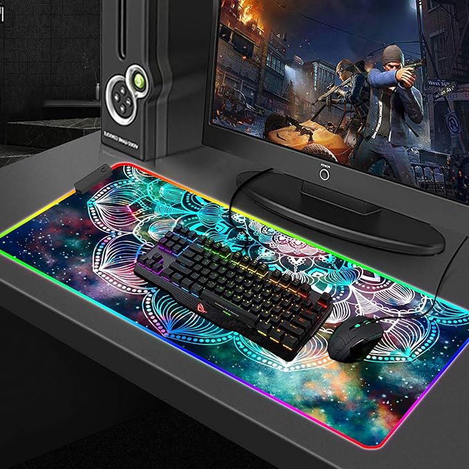 Customized RGB Gaming Mouse Pad and Coffee CoasterLarge Glowing Led Anti-Slip Rubber Base Computer Keyboard Desk Mouse Mat 31.4x11.8 InchMandala in Galaxy