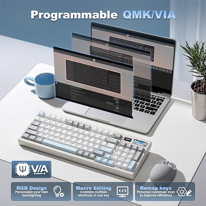 YUNZII IF99 Wireless Mechanical Gaming Keyboard with Smart LCD Display QMK/VIA Programmable BT/2.4G/USB-C Gasket Mounted Hot Swap RGB 96% Layout for Mac/Win (White Gateron Zero Switch)