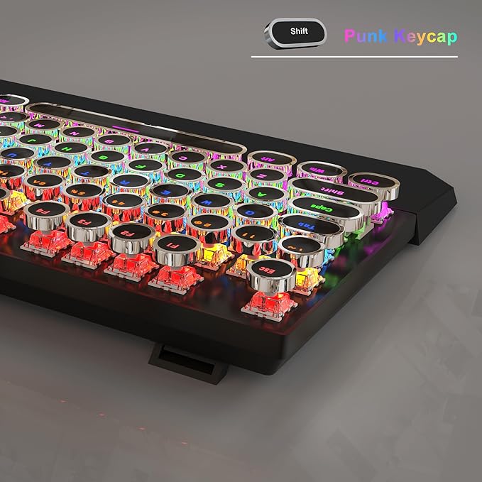 Typewriter Mechanical Gaming Keyboard and Mouse Combo Retro Punk Round Keycaps RGB Rainbow Backlit Wired Keyboard for Game and Office for Windows Laptop PC Red Switches(Black)
