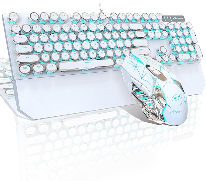 Typewriter Mechanical Gaming Keyboard and Mouse Combo Retro Punk Round Keycaps RGB Rainbow Backlit Wired Keyboard for Game and Office for Windows Laptop PC Red Switches(White)