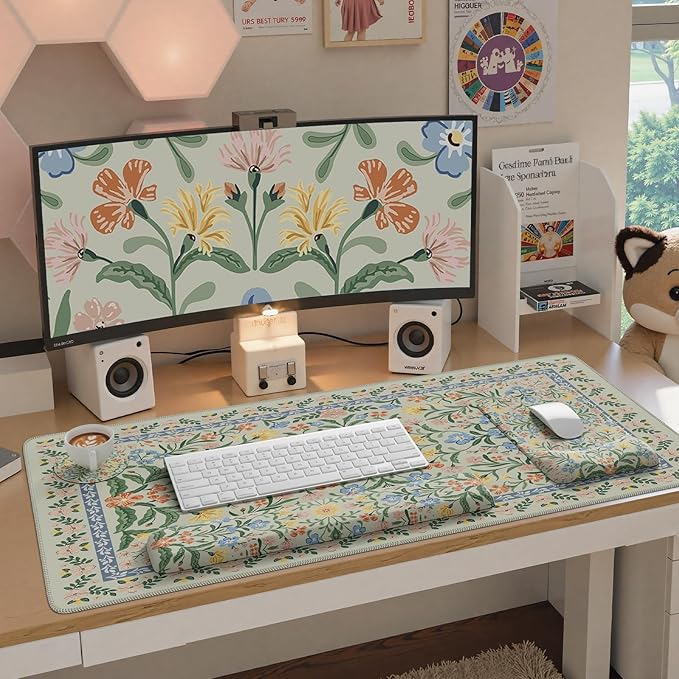 iCasso Mouse Pad with Wrist RestLarge Desk Mat SetErgonomic Keyboard Pad with Wrist SupportNon-Slip Mouse Mat for WomenCute Floral Computer Mat for Home Office Gaming (Green Floral)