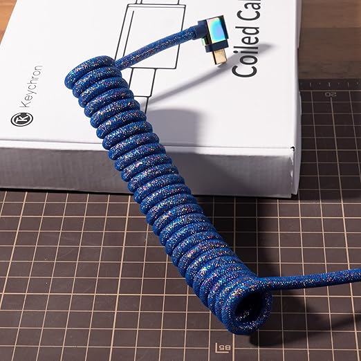 Keychron Premium Coiled USB-C Angled Aviator Cable – Rainbow Plated Blue 5-Pin GX16 Detachable Metal Connector USB-A Adapter Double-Sleeved Design for Mechanical Keyboards Charging and Data Sync