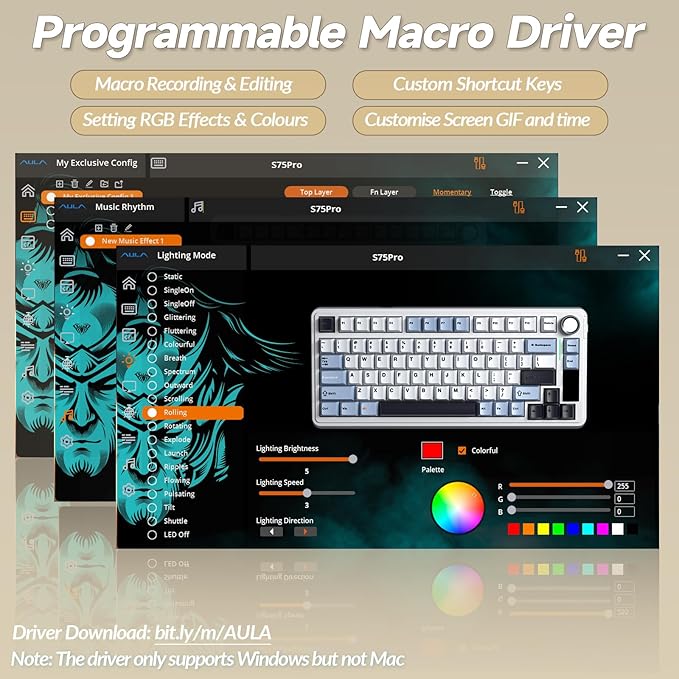 AULA S75 PRO Wireless Mechanical Keyboard with Screen&ampKnob 75% Hot Swappable Gaming Keyboard with Pre-lubed Switches RGB Backlit PBT Keycaps Creamy Sounding Computer Keyboards