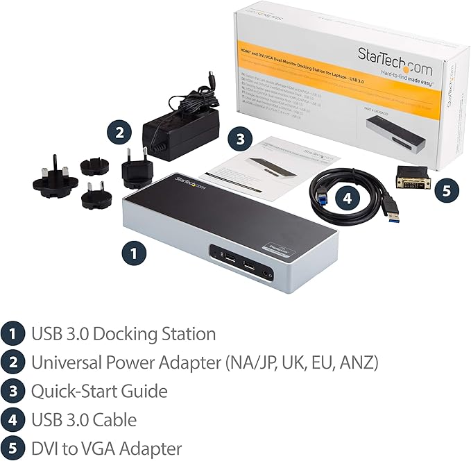 StarTech.com USB 3.0 Docking Station - Dual Monitor Laptop Docking Station with HDMI &amp DVI/VGA Video - 6-port USB 3.1 Gen 1 5Gbps Hub GbE Audio - Universal Type-A Dock - Windows &amp Mac (DK30A