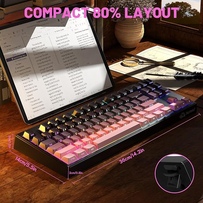 M87V2 Wireless Keyboard Low Profile Quiet Typing Membrane Gaming Keyboard with 80% TKL Layout Side Printed Keys RGB Backlit USB C Rechargeable87 Keys PBT Keycap for Windows PCMacLinux-Blackberry