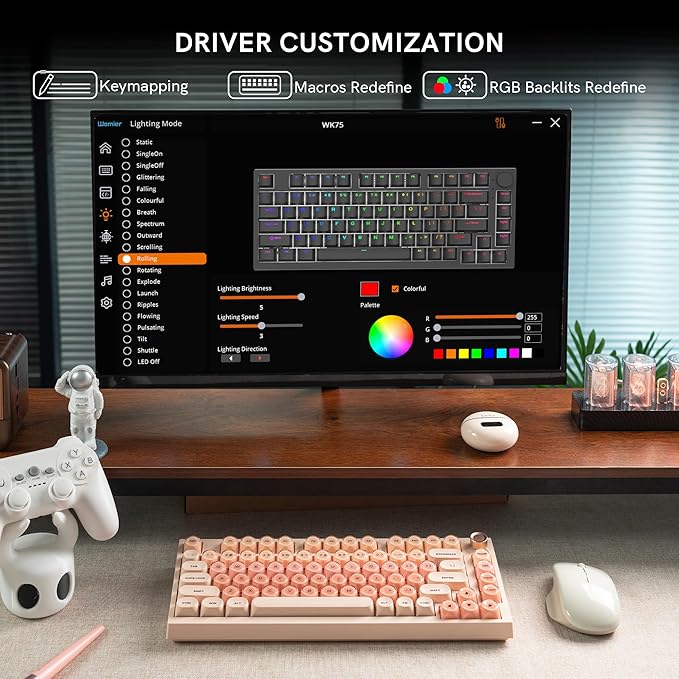 COSTOM WK75 75% Wireless Gaming Mechanical KeyboardBT5.0/2.4GHz/USB-C Hot Swappable Pre-lubed Custom Linear SwitchesGasket StructureRGB Backlit Keyboard for PC/Laptop/Xbox/PS4/PS5 (Pink)