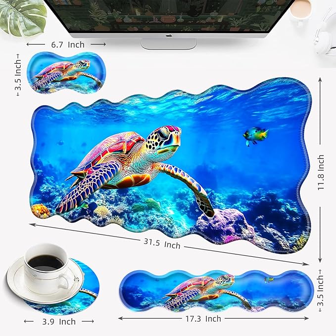 Desk Mat Mouse Pad with Wrist Rest 4-in-1 Large Mouse Pads for Desk Ergonomic Mouse Pad and Keyboard Wrist Rest Gaming Keyboard Mat for OfficeColorful Sea Turtle in Ocean