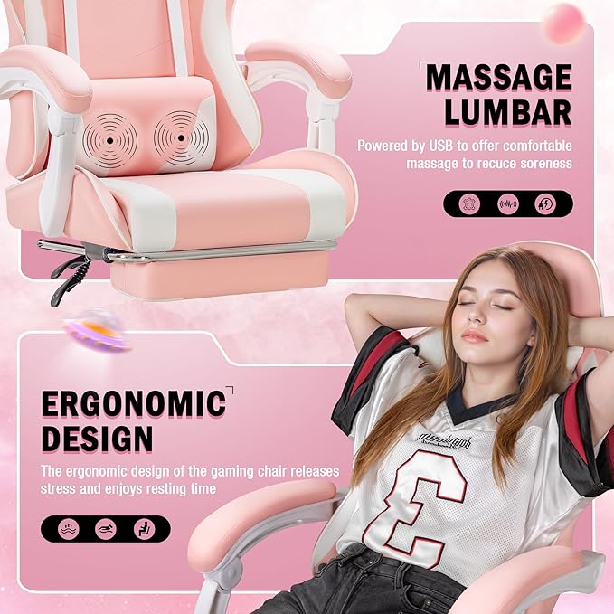 Homall Gaming Chair Video Game Chair with Footrest and Massage Lumbar Support Ergonomic Computer Chair Height Adjustable with Swivel Seat and Headrest (Pink)
