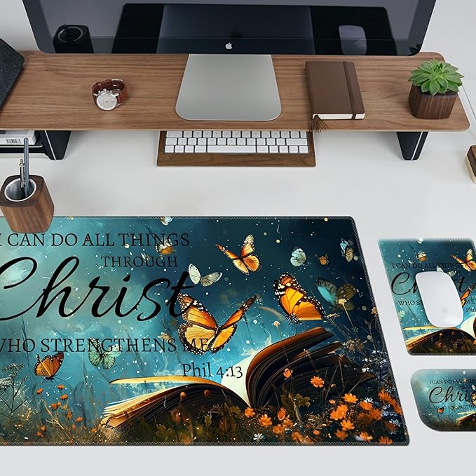 Ergonomic Desk Pad Mat &amp Keyboard Wrist Rest Set 3-in-1 Office Mouse Pad with Memory Foam Support Non-Slip Computer Blotter for Home Gaming &amp Writing 23.6 x 11.8 Butterfly Bible 4-13