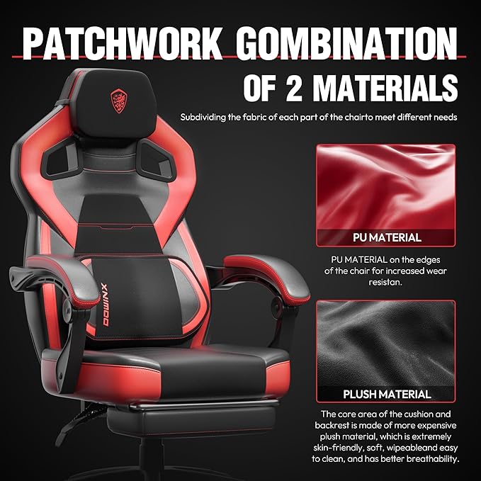 Dowinx Gaming Chair with Footrest Big and Tall Gaming Chair for Heavy People Gamer Chair for Adult with Massage Ergonomic Gaming Chair with headrest Computer Game Chair for 200lbs Red