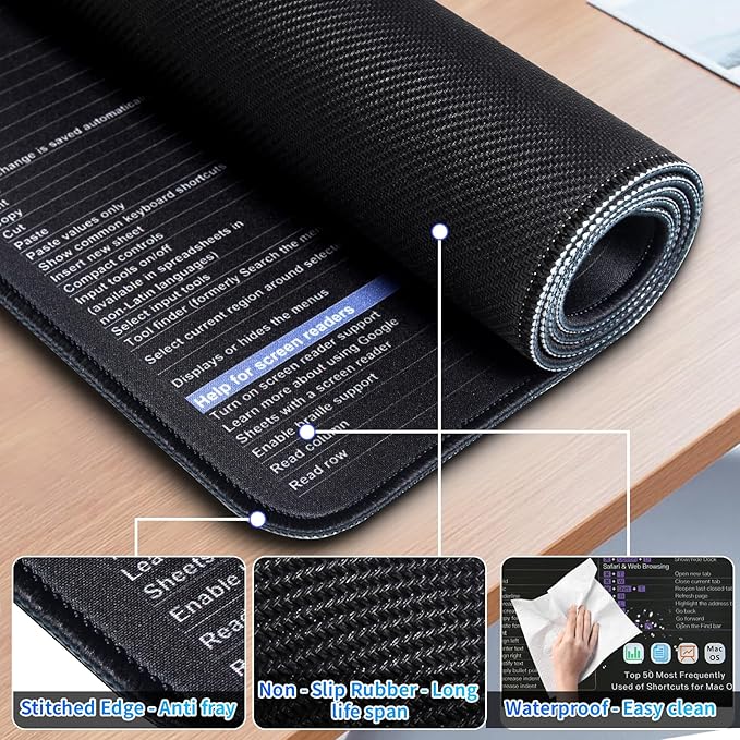 Excel/Word/Power Point/Mac OS Mouse padTop 50 Most Frequently Used of Keyboard Shortcuts Mousepad Non-Slip&ampWaterproof Large Gaming Office pc Desk mat (macOS/Excel/Word/PPT)