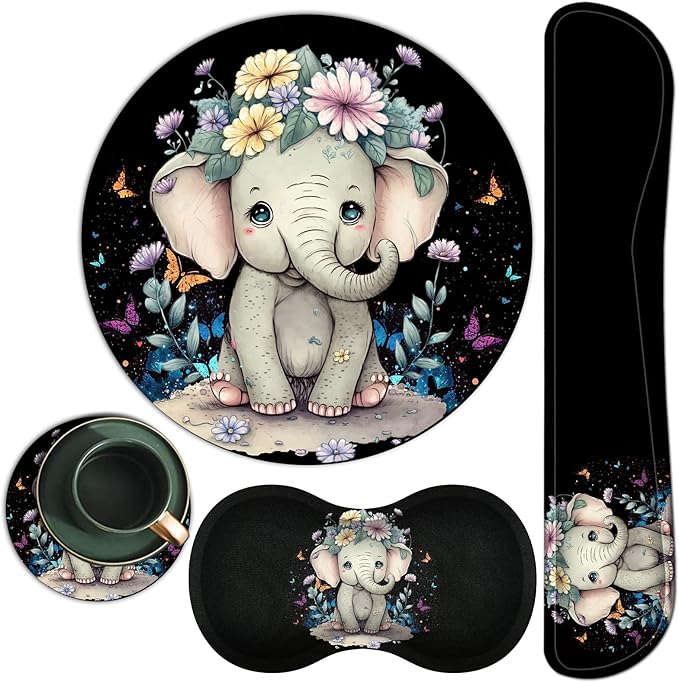 Mouse Pad + Keyboard Wrist Rest + Mouse Wrist Rest Support Set + Coaster Ergonomic Memory Foam Mouse and Keyboard Pad Set for Laptop Computer Office Home Working Gaming - Elephant Flower