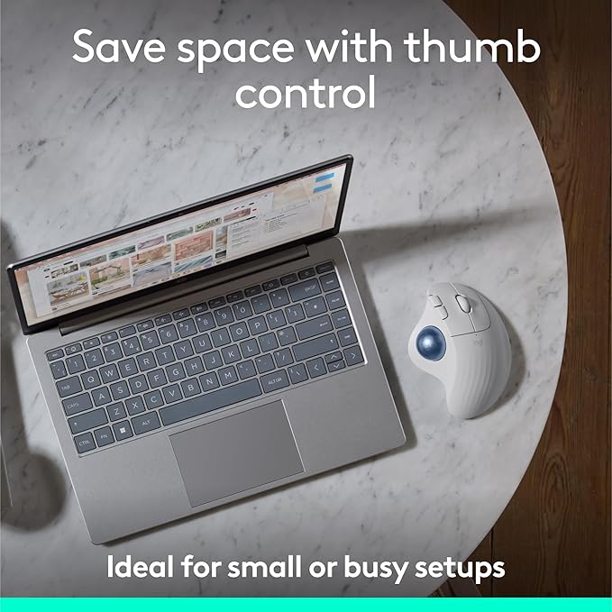 Logitech Ergo M575S Wireless Trackball Mouse Wireless Ergonomic Mouse with Bluetooth and Encrypted Dongle Comfortable Thumb Control Precise and Smooth Tracking for PC/Mac - Off-White Blue Ball