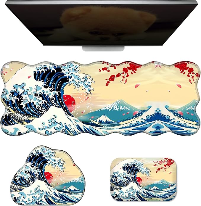 3-Piece Ergonomic Desk Mat and Cloud Wrist Rest Set Large 31.5 x 11.8 Wave Office Desk Pad with Memory Foam Support Non-Slip PU Computer Protector for Home Gaming &amp Writing Sunset Wave