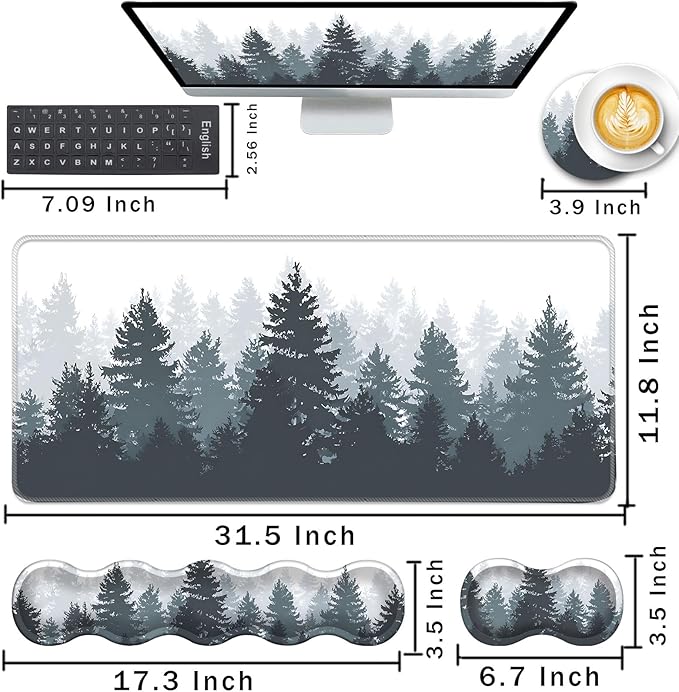 Keyboard Wrist Rest and Mouse Pad with Wrist Support Set Ergonomic CoasterMemory FoamEasy Typing Pain ReliefLarge XL Desk Mat 31.5x 11.8Misty Forest Tree