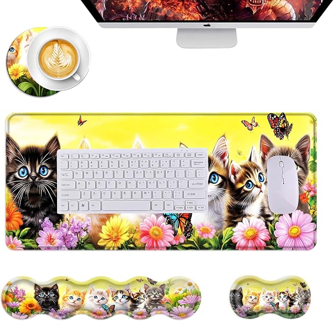 Mouse PadLarge Desk Mat Set 4in1 XL Mousepad + Keyboard Wrist Rest+Mouse Wrist Rest+Coaster with Ergonomic Desk Pad for Home Office Table Computer Cover -Kittens Flowers Butterflies