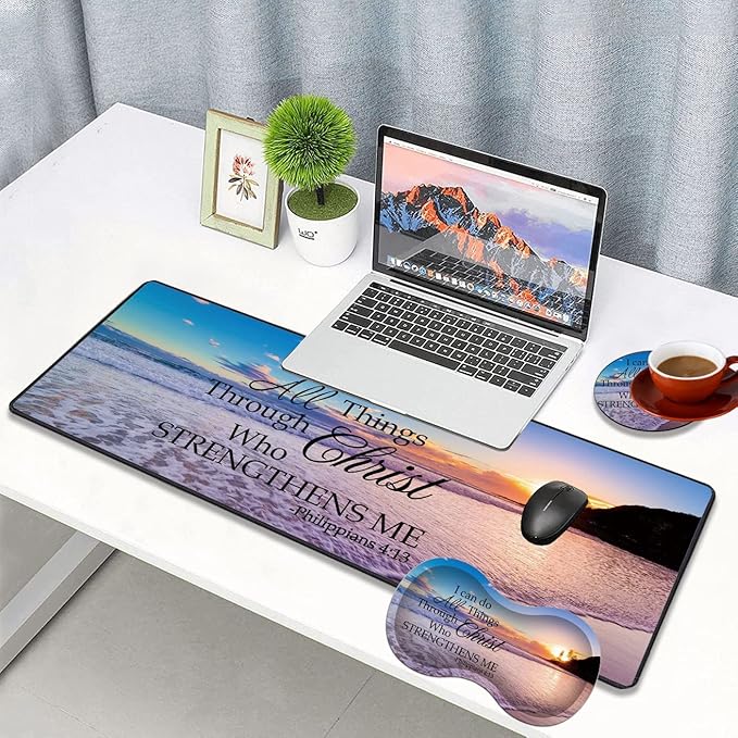 3 Piece Mouse Pad Set with Stitched Edge Large Anti-Slip Mouse Pad Desk Pad Keyboard Pad + Wrist Rest Pad + Coaster Memory Foam Wrist Rest for Office/Home Bible Verse Philippians 4-13